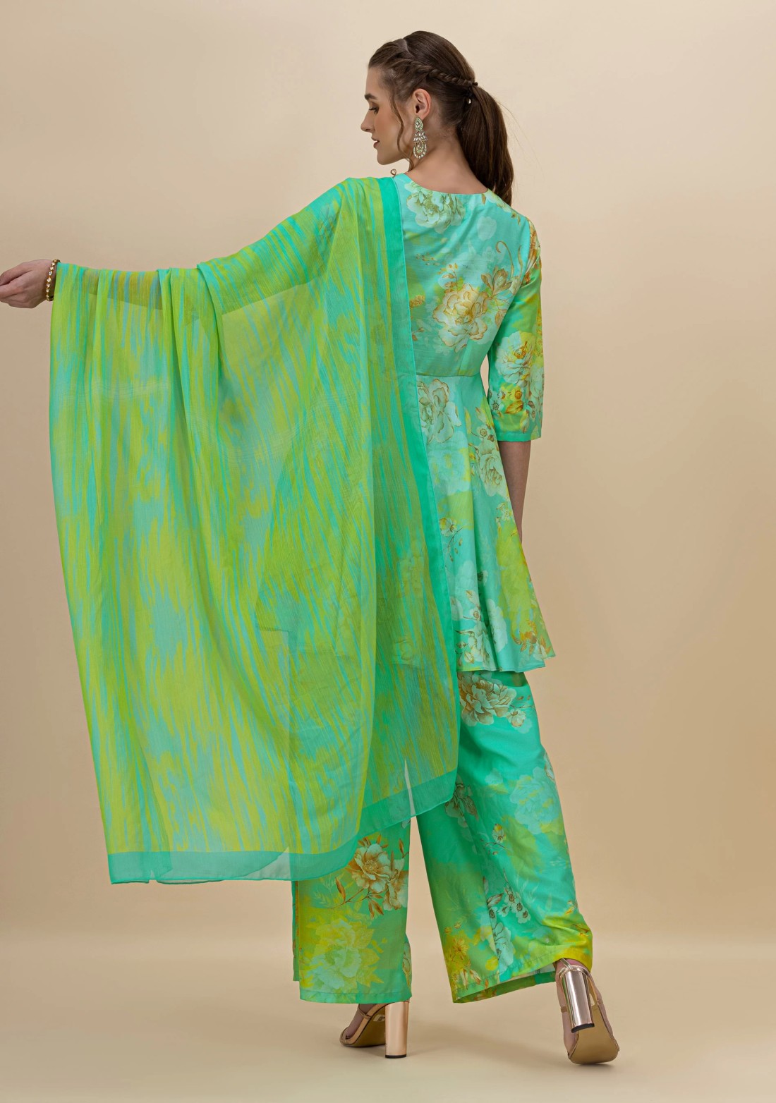 Green and Aqua Floral Print Flared Kurti and Palazzo Pants with Dupatta Set