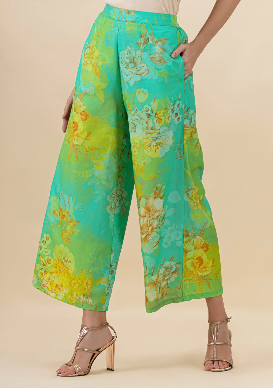 Green and Aqua Floral Print Flared Kurti and Palazzo Pants with Dupatta Set