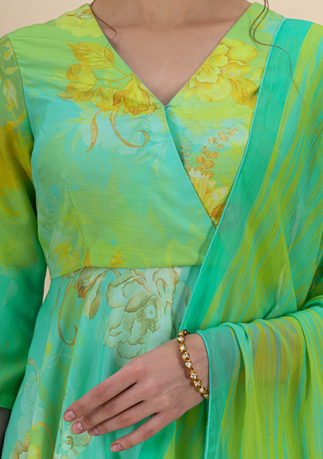 Green and Aqua Floral Print Flared Kurti and Palazzo Pants with Dupatta Set