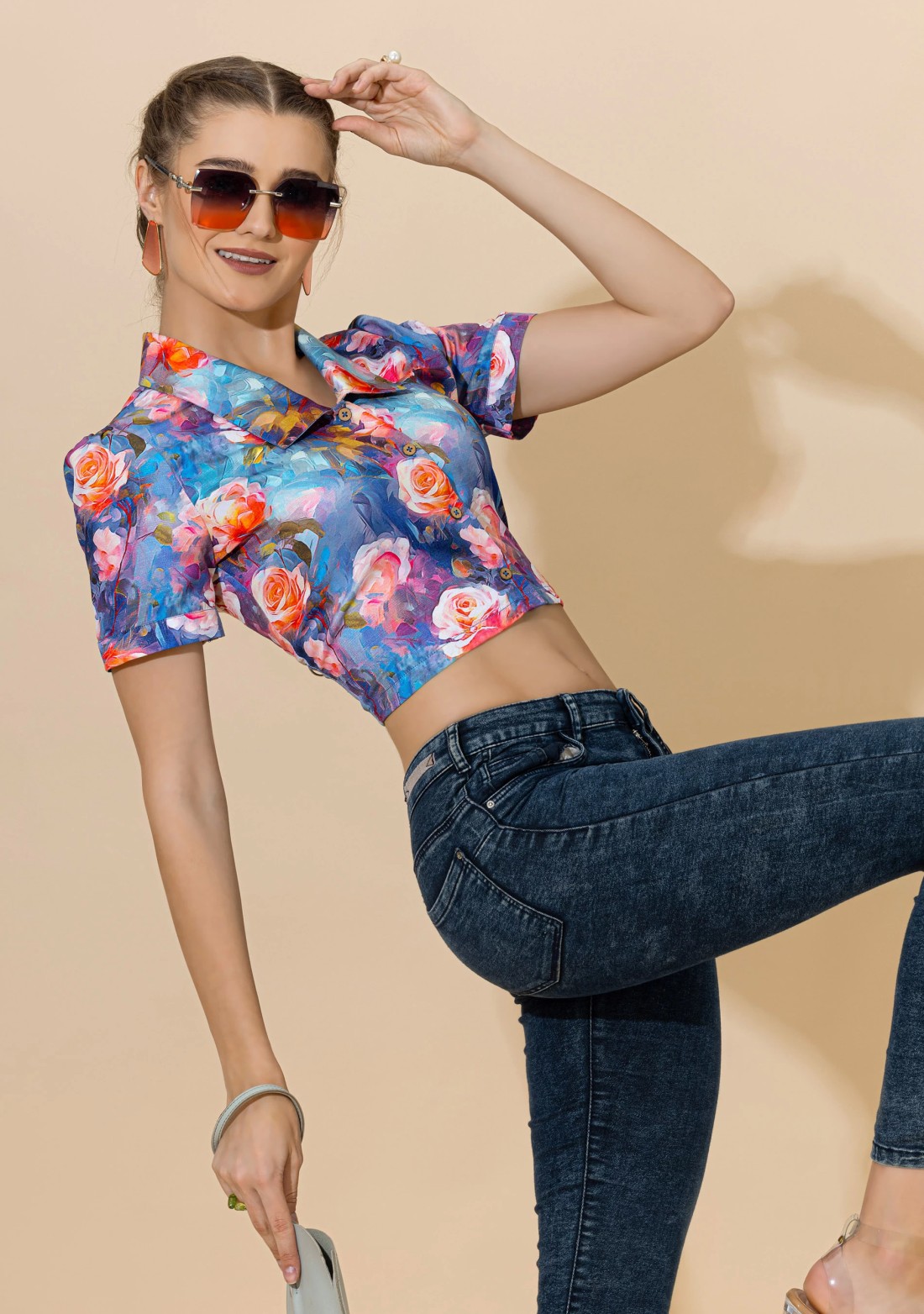 Multi-Colour Rose Print Button Down Rayon Crop Top