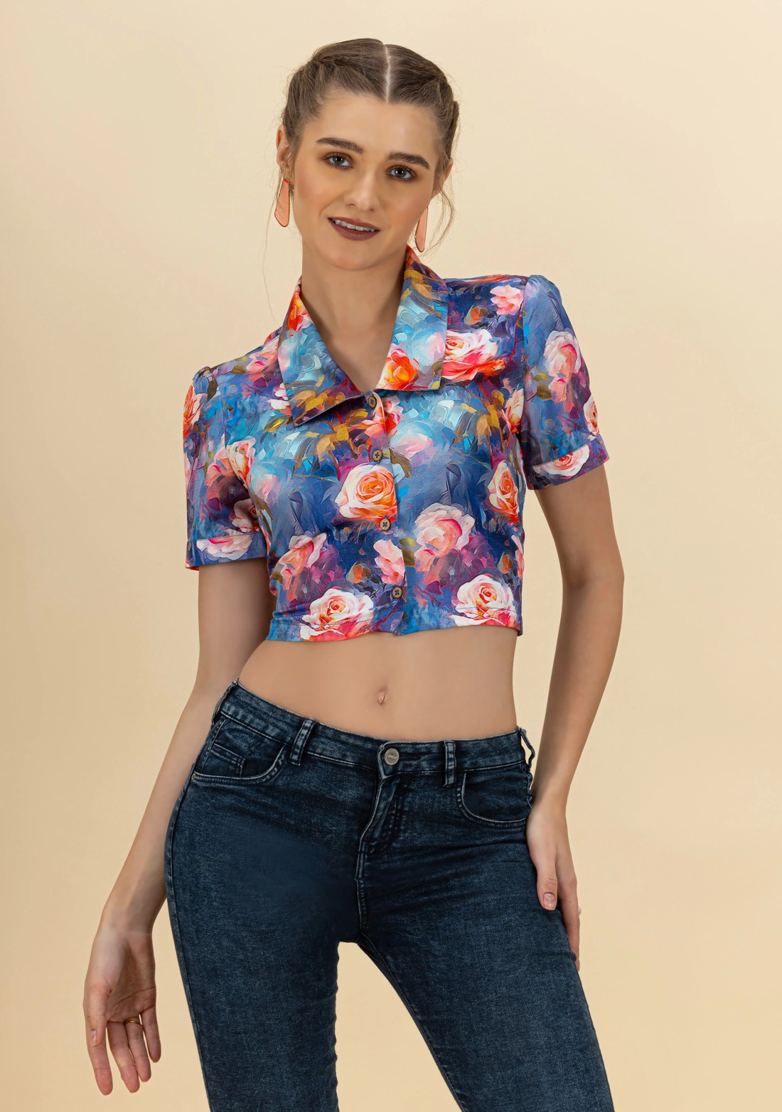 Multi-Colour Rose Print Button Down Rayon Crop Top