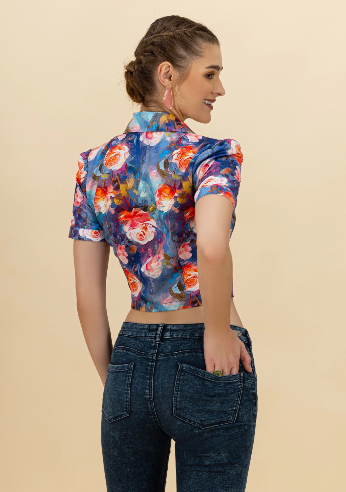 Multi-Colour Rose Print Button Down Rayon Crop Top