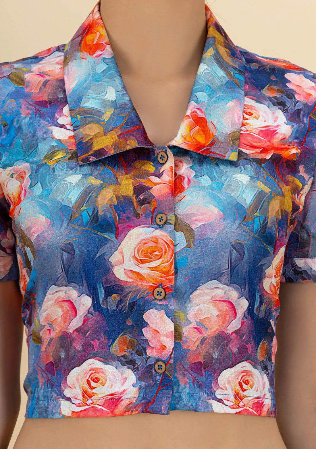 Multi-Colour Rose Print Button Down Rayon Crop Top