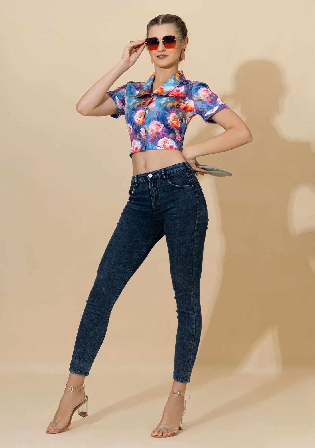 Multi-Colour Rose Print Button Down Rayon Crop Top