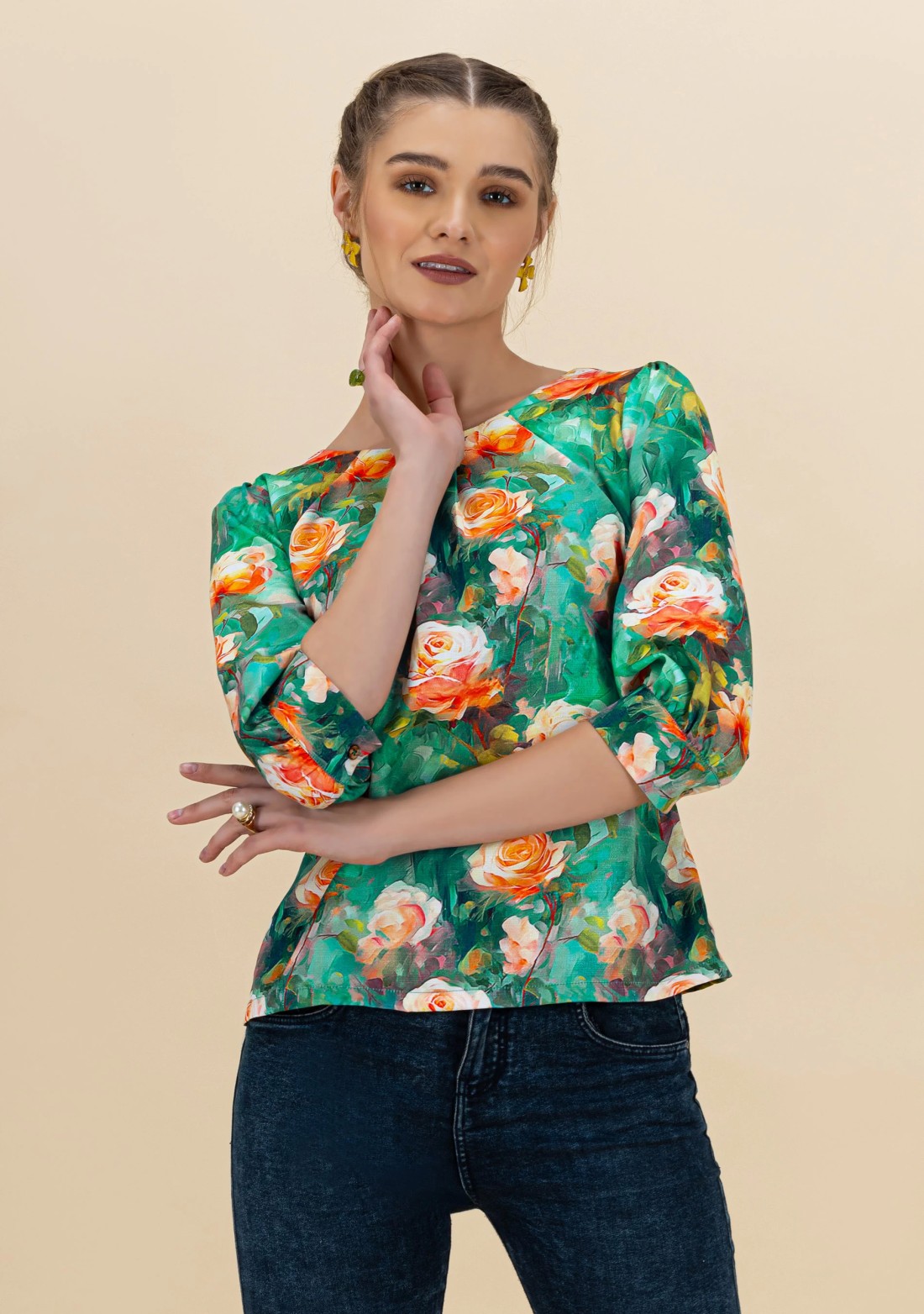 Multi Colour Rose Print Rayon Top