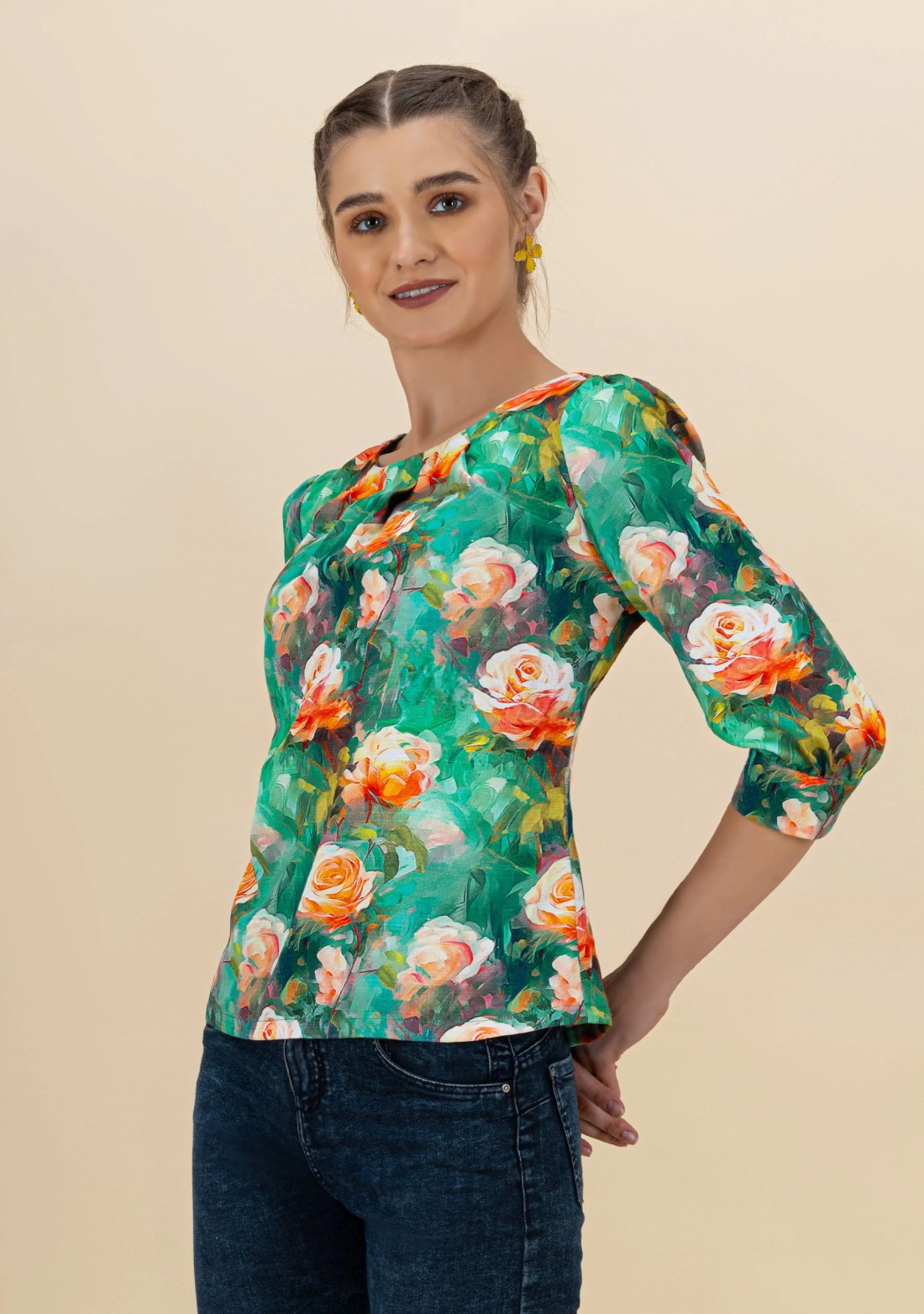 Multi Colour Rose Print Rayon Top