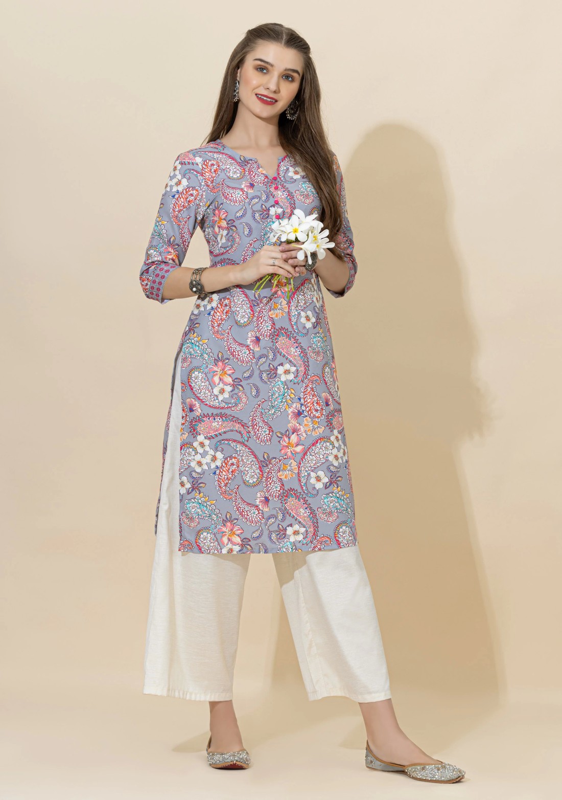 Grey Paisley Print Rayon Straight Kurta