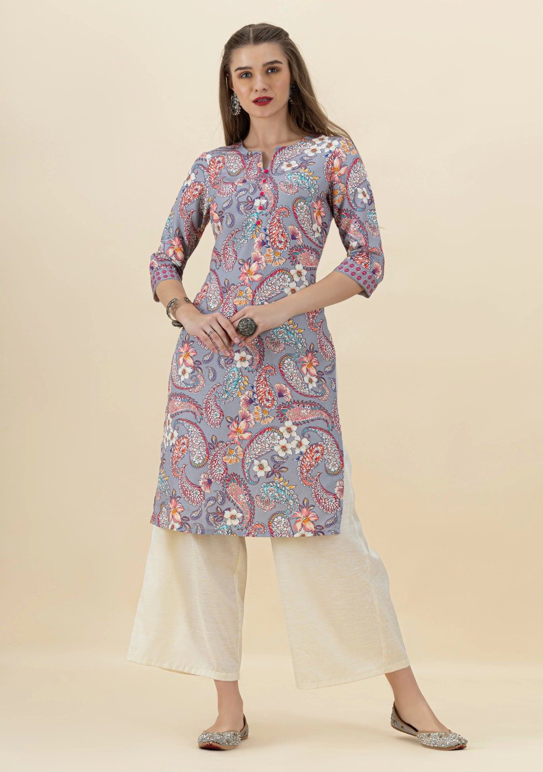 Grey Paisley Print Rayon Straight Kurta