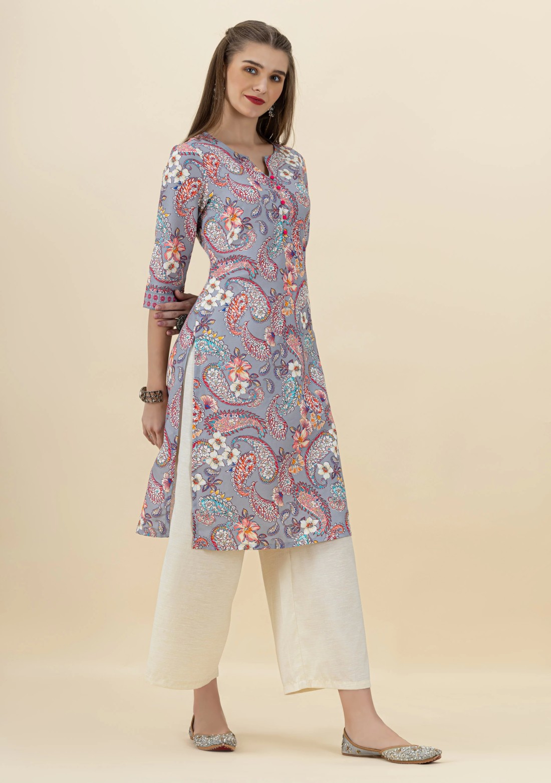 Grey Paisley Print Rayon Straight Kurta