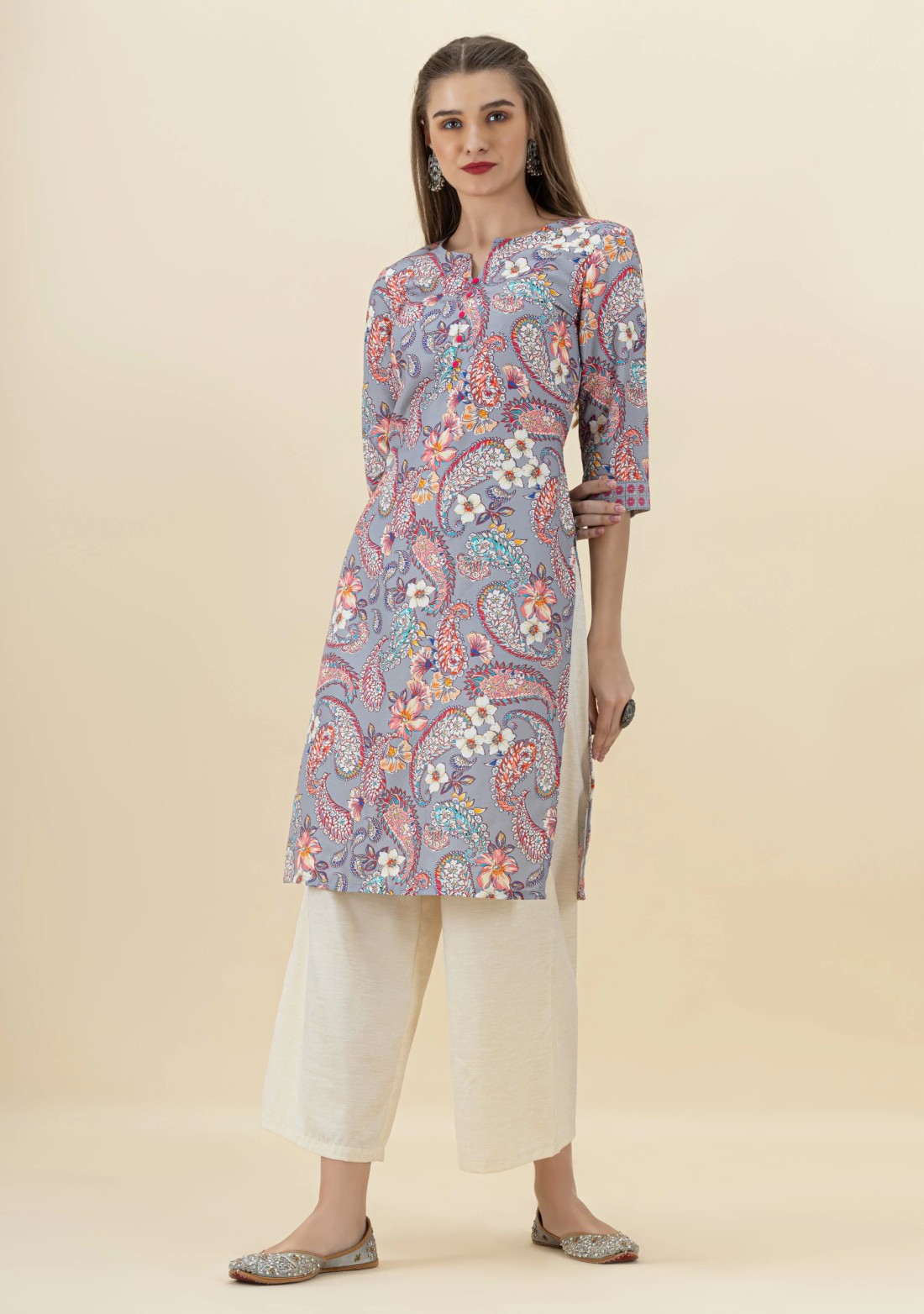 Grey Paisley Print Rayon Straight Kurta