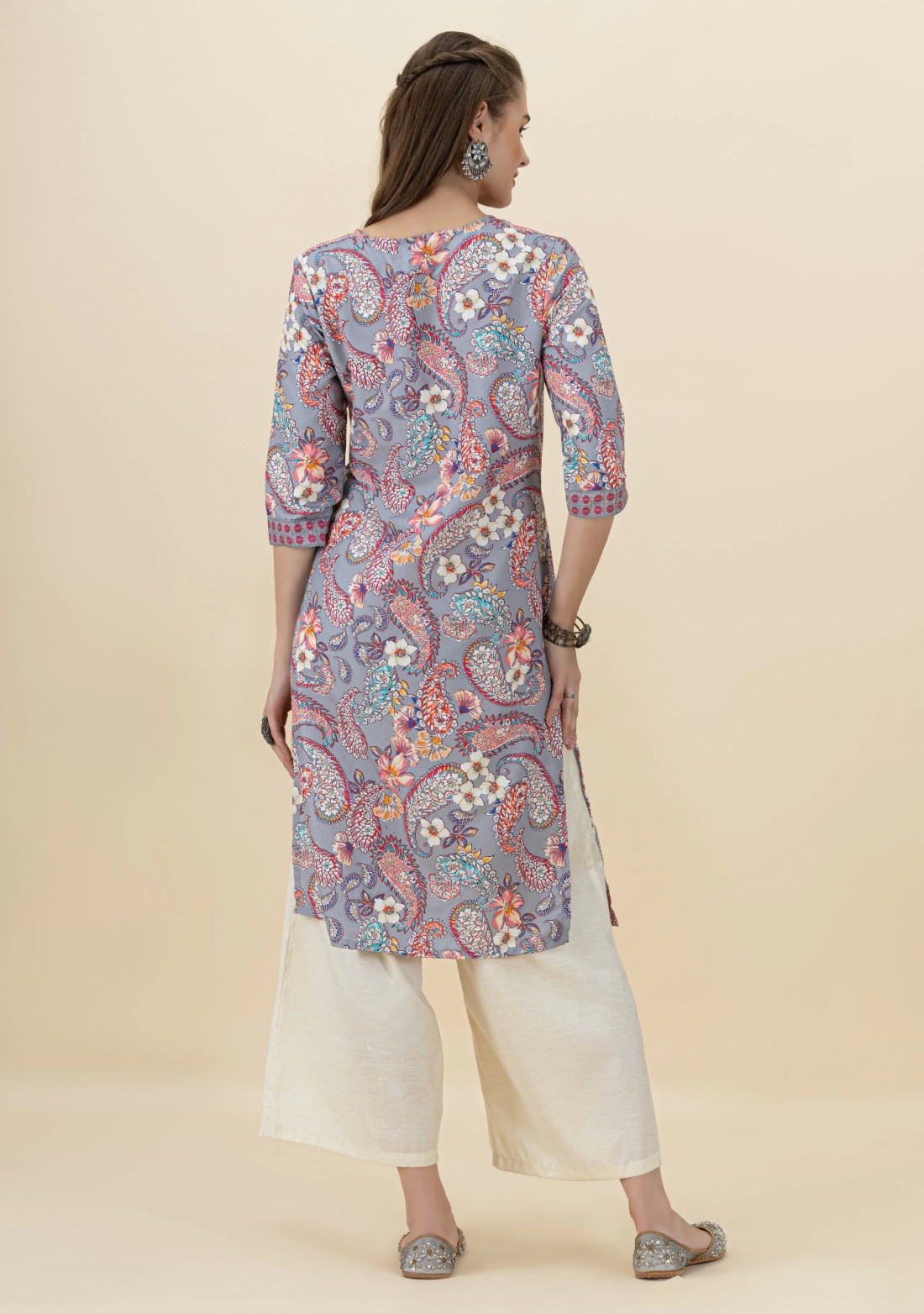 Grey Paisley Print Rayon Straight Kurta