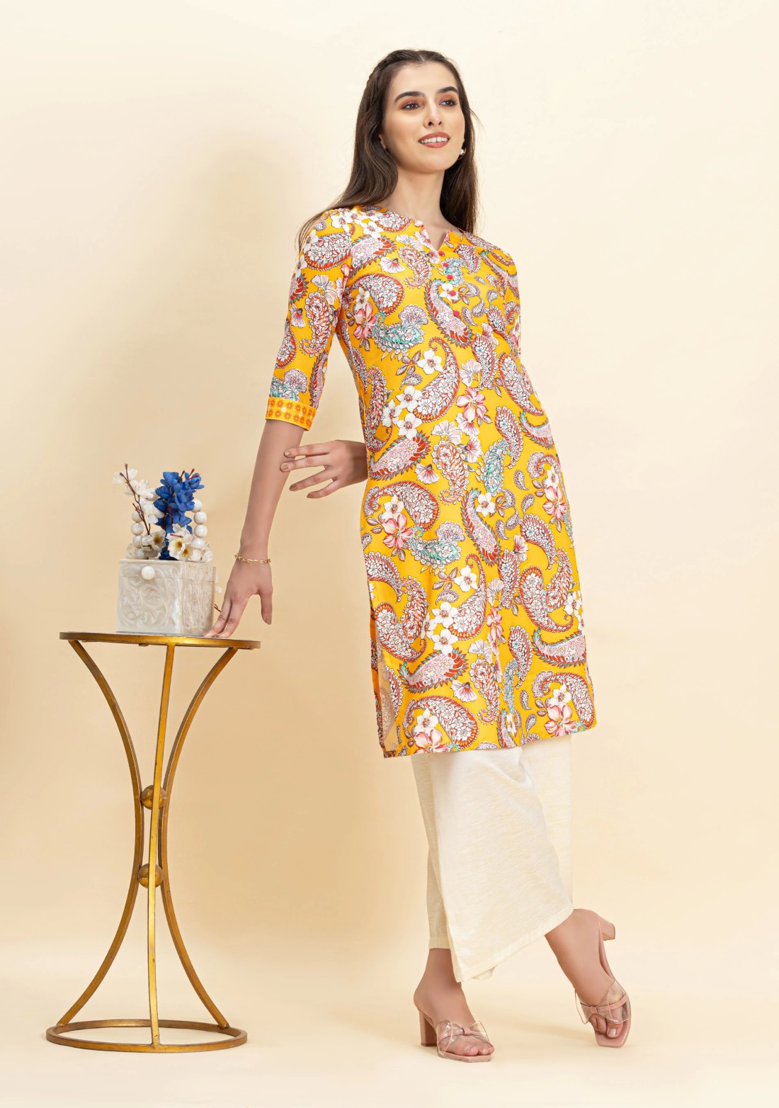 Yellow Paisley Print Rayon Straight Kurta