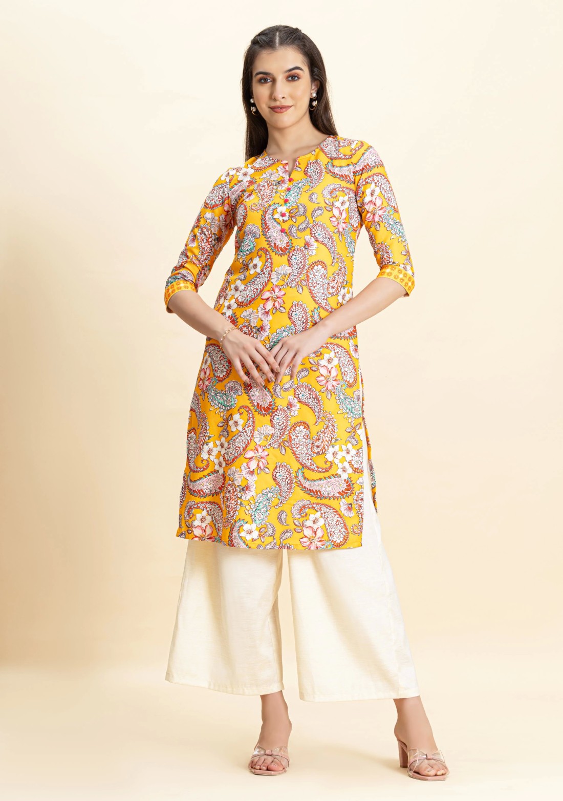 Yellow Paisley Print Rayon Straight Kurta