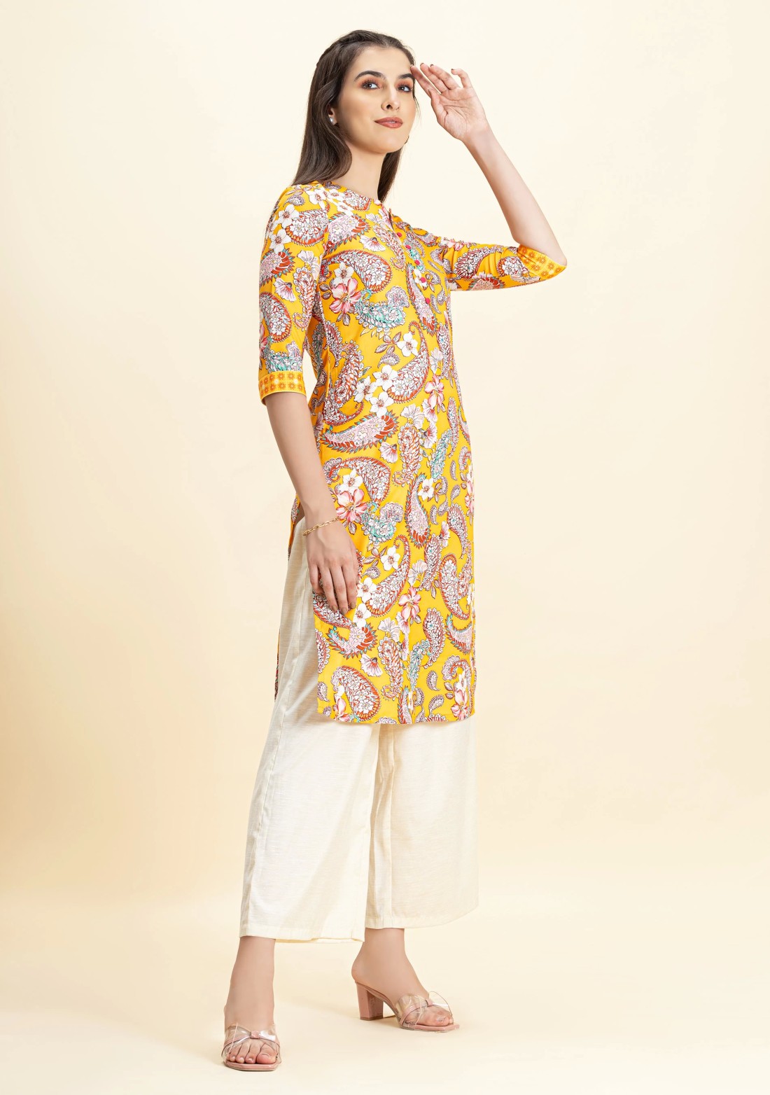 Yellow Paisley Print Rayon Straight Kurta