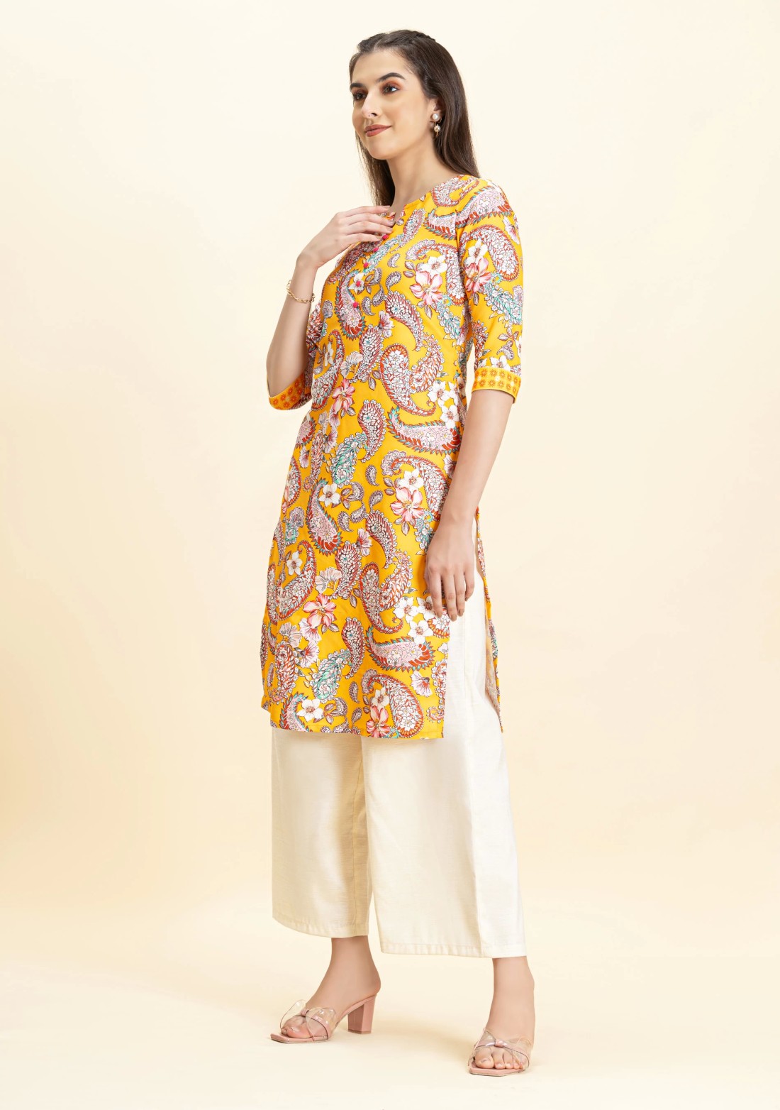 Yellow Paisley Print Rayon Straight Kurta