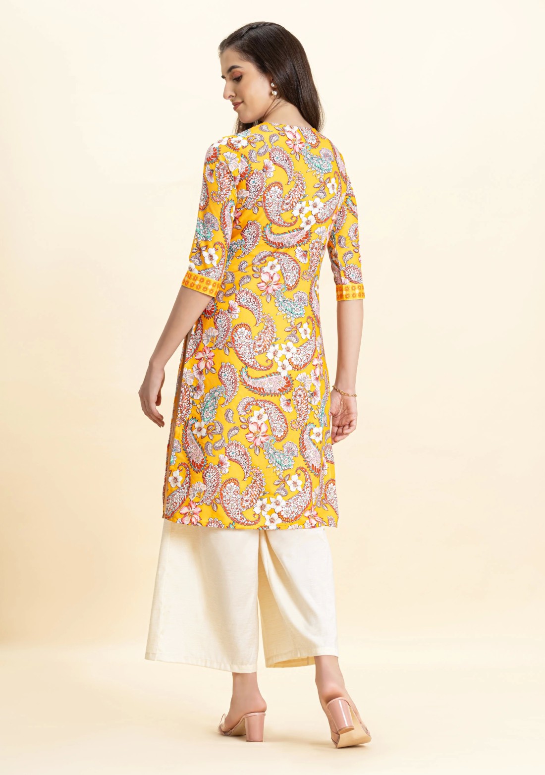 Yellow Paisley Print Rayon Straight Kurta