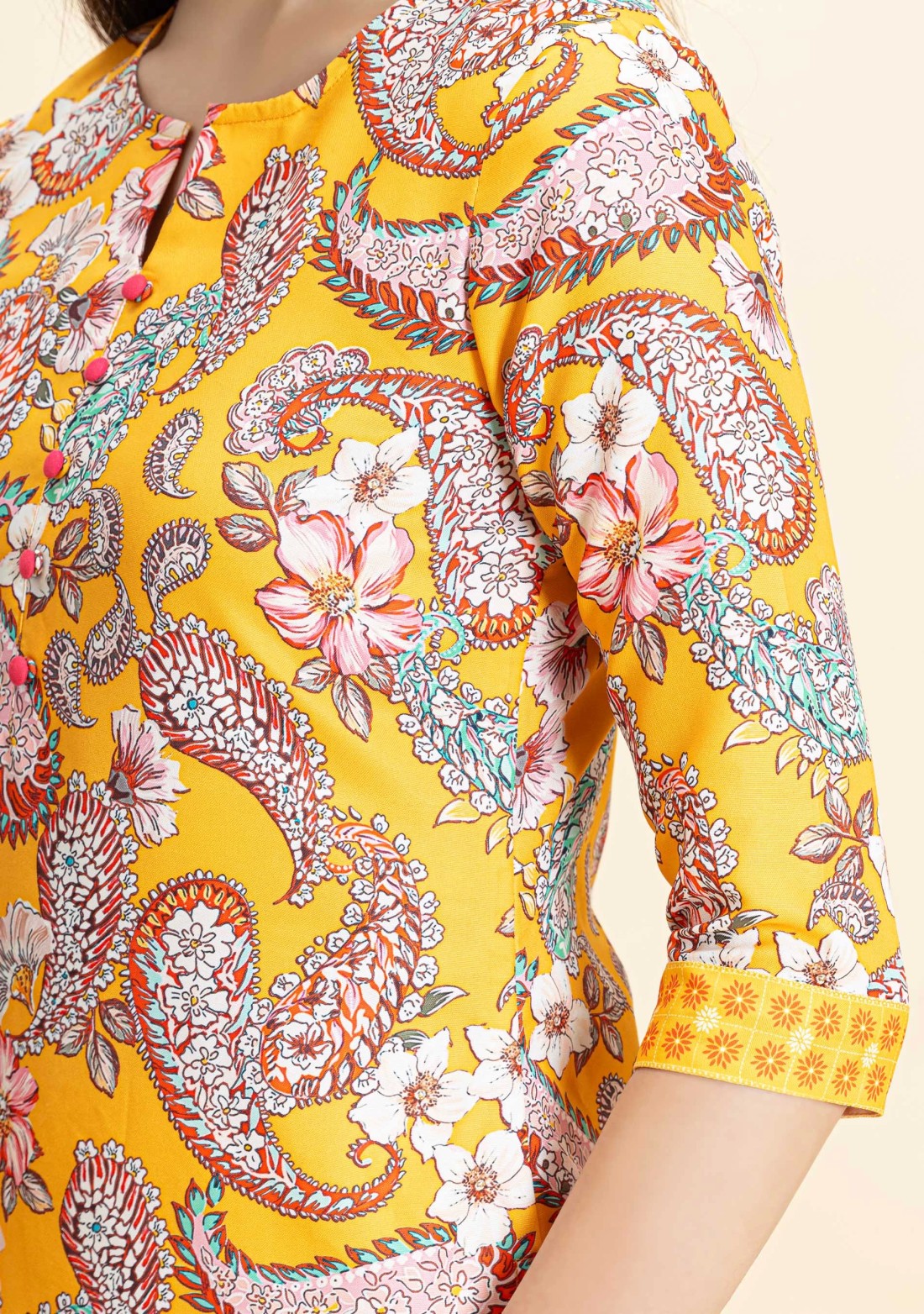 Yellow Paisley Print Rayon Straight Kurta