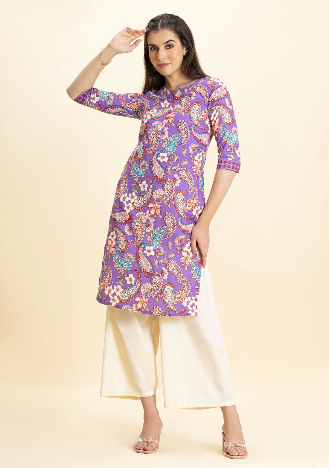 Purple Paisley Print Rayon Straight Kurta