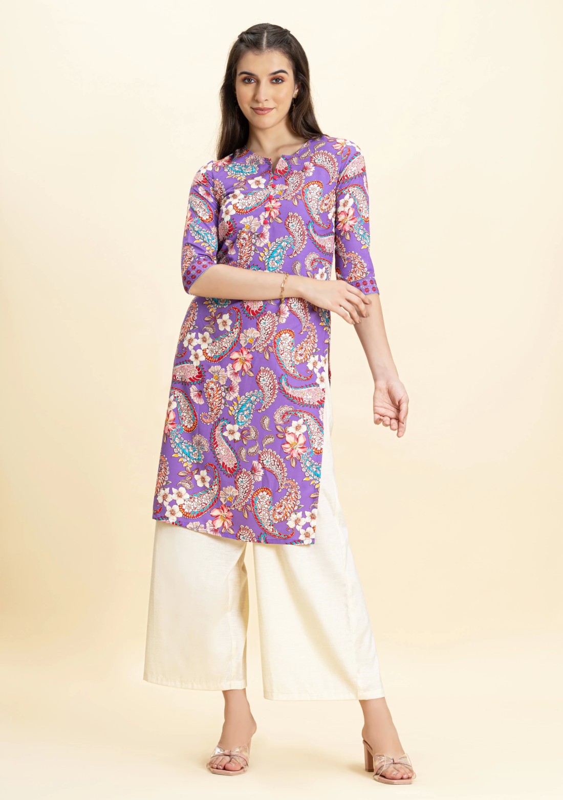 Purple Paisley Print Rayon Straight Kurta