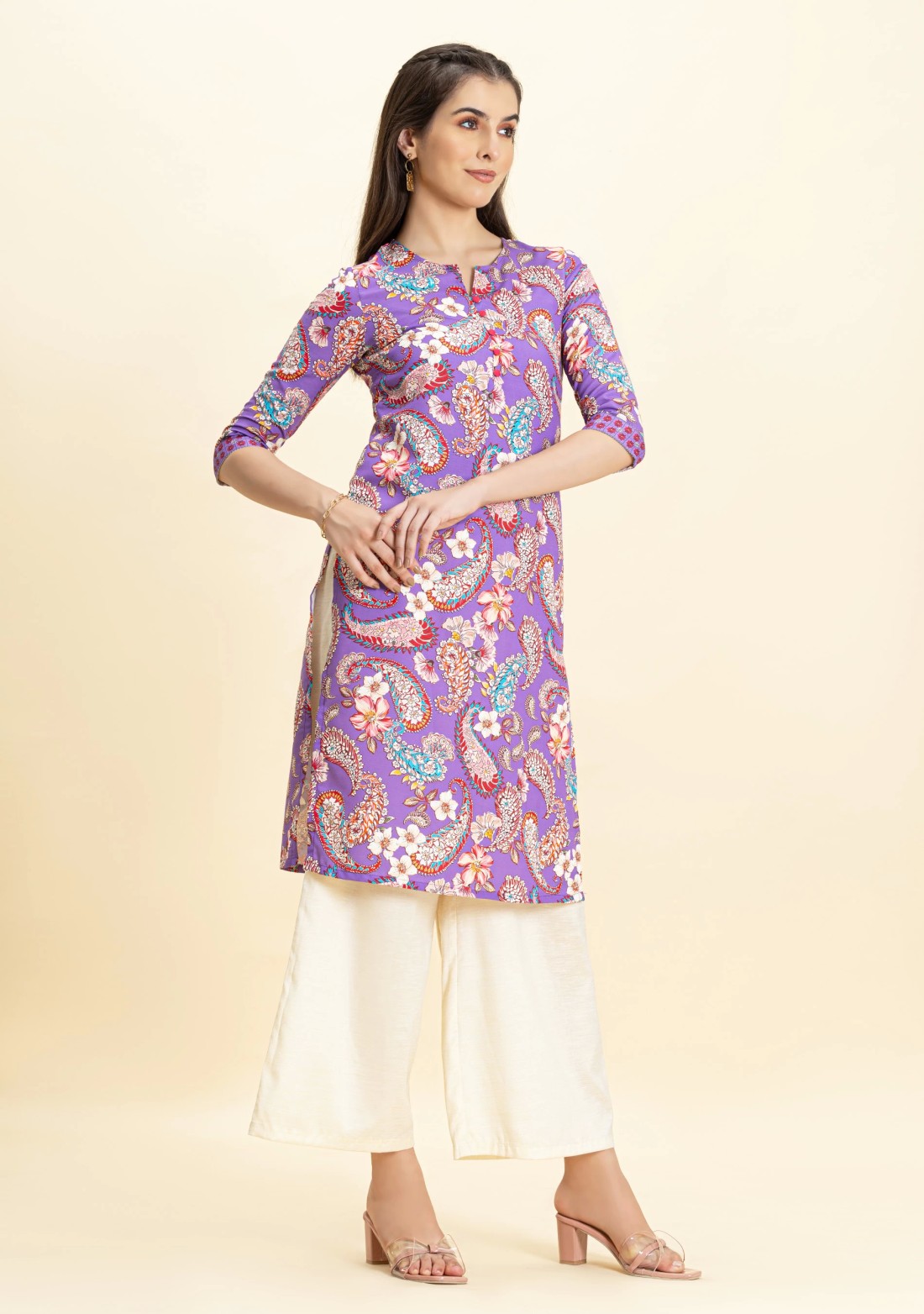 Purple Paisley Print Rayon Straight Kurta