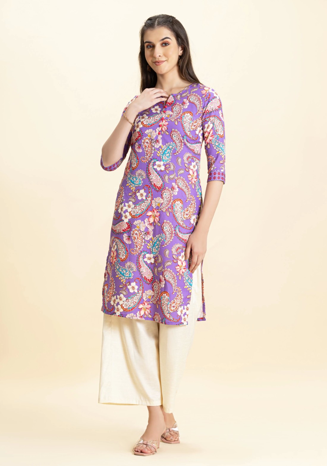 Purple Paisley Print Rayon Straight Kurta