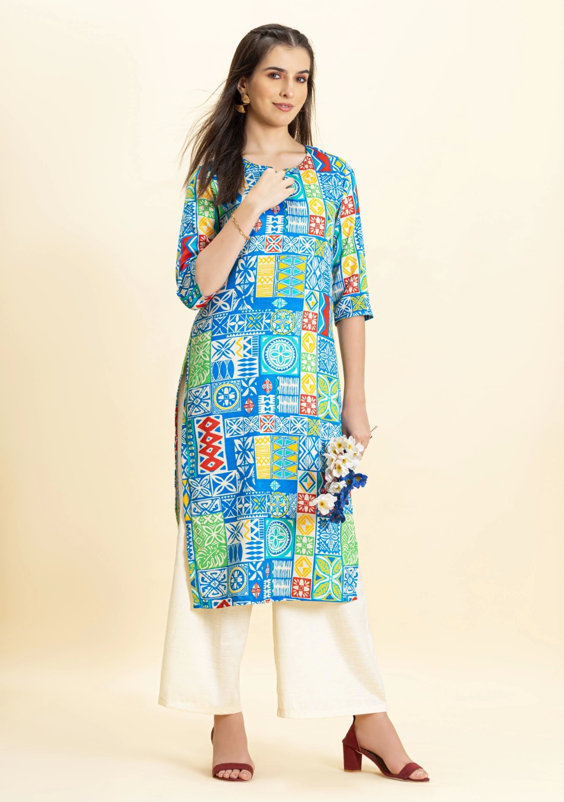 Multi Colour Ethnic Print Rayon Straight Kurta