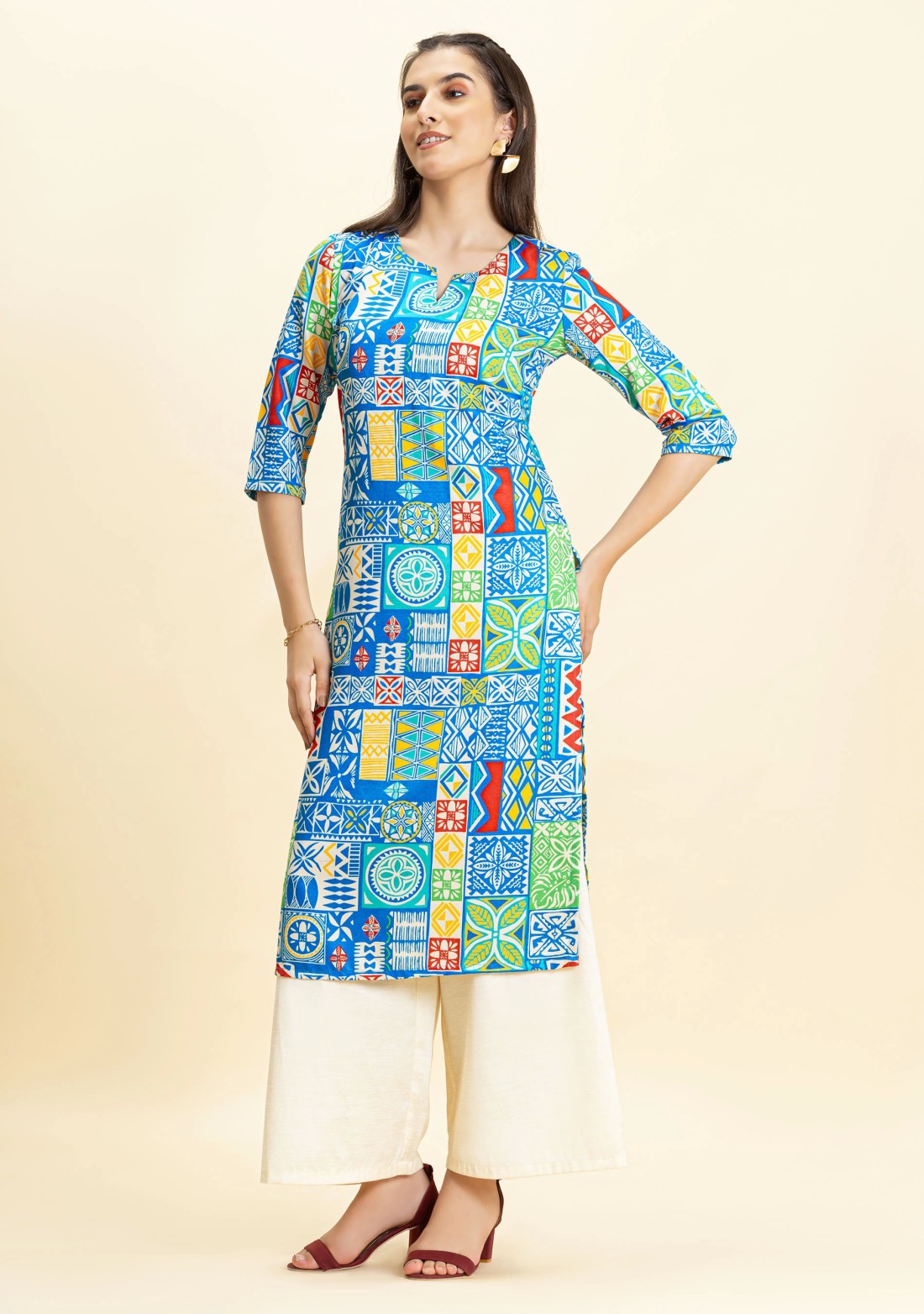 Multi Colour Ethnic Print Rayon Straight Kurta