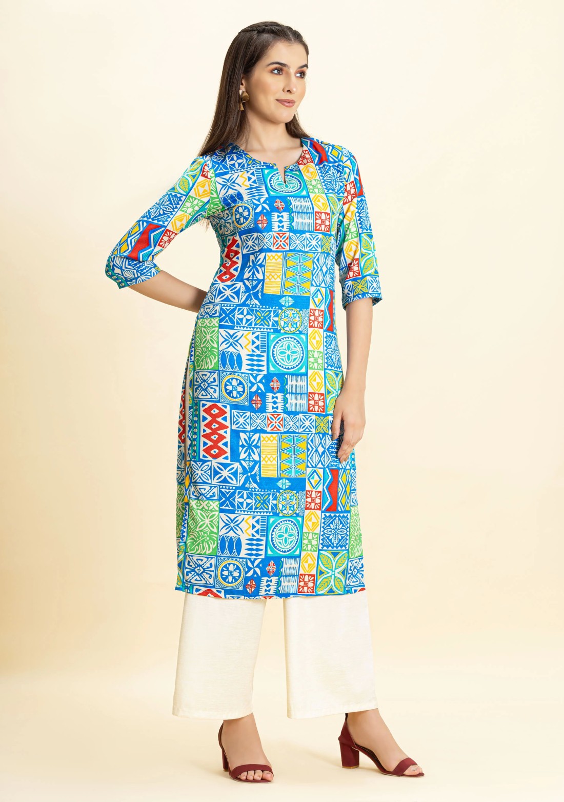 Multi Colour Ethnic Print Rayon Straight Kurta