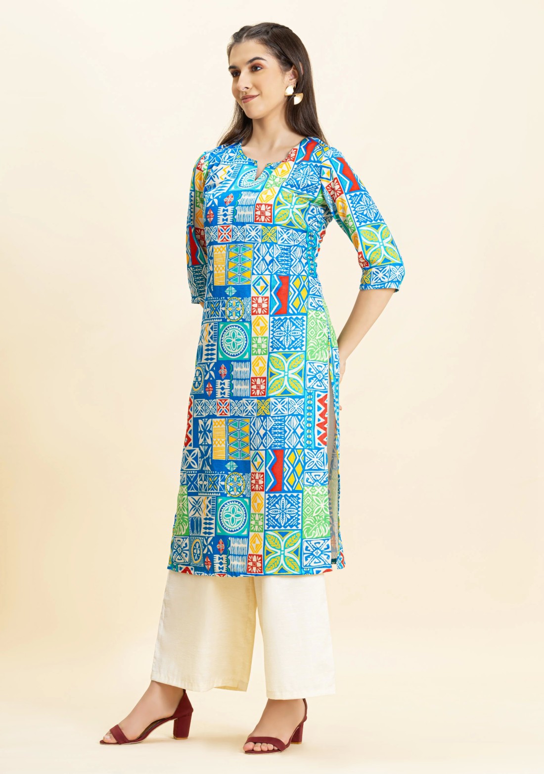 Multi Colour Ethnic Print Rayon Straight Kurta