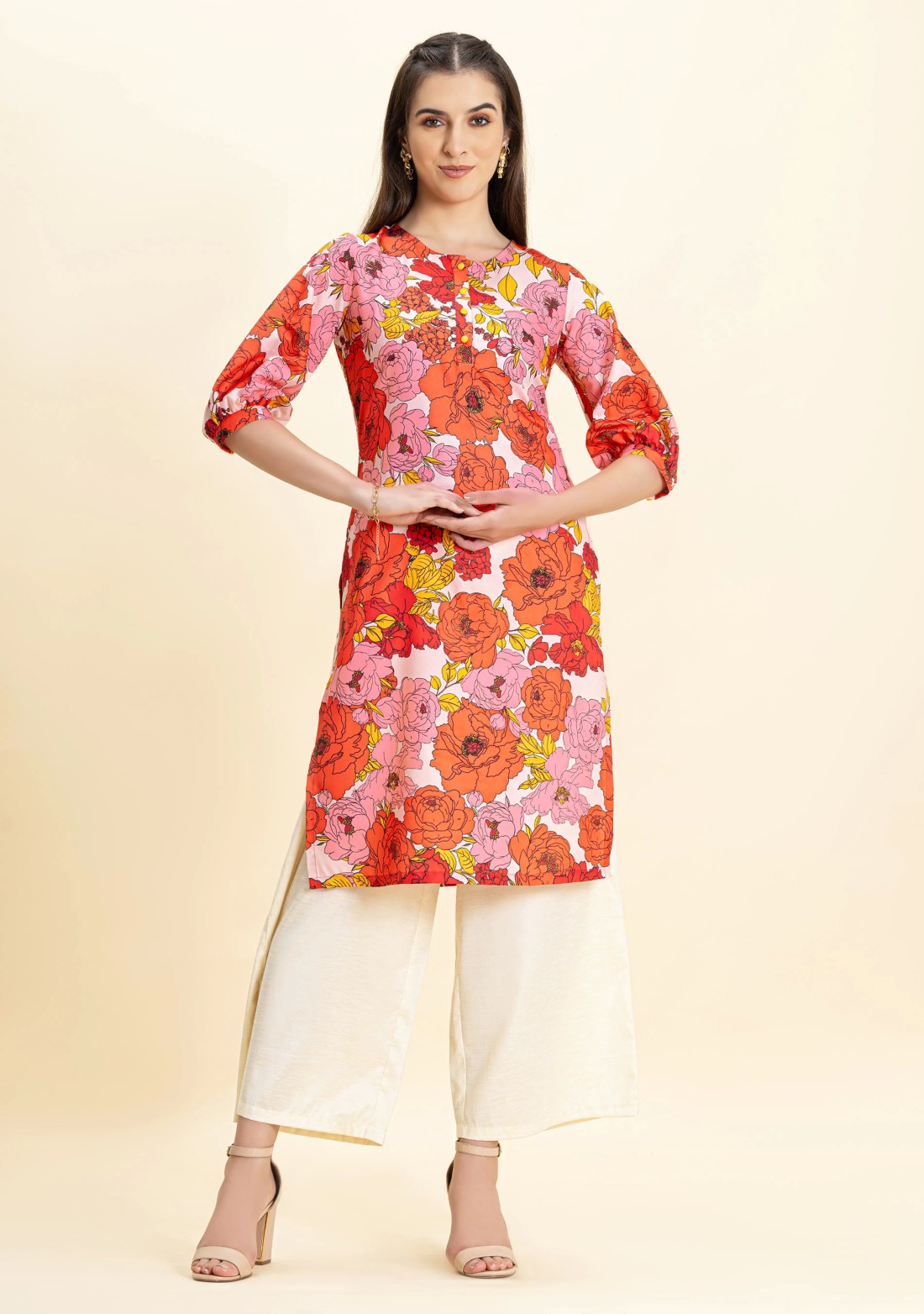 Cream Floral Print Rayon Straight Kurta