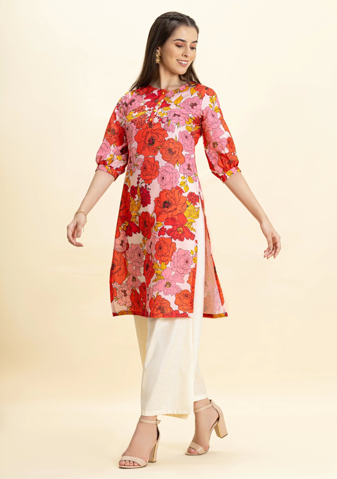 Cream Floral Print Rayon Straight Kurta