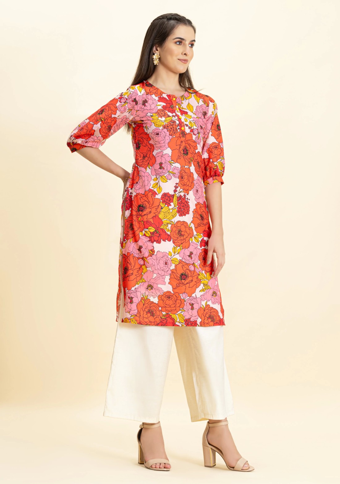 Cream Floral Print Rayon Straight Kurta