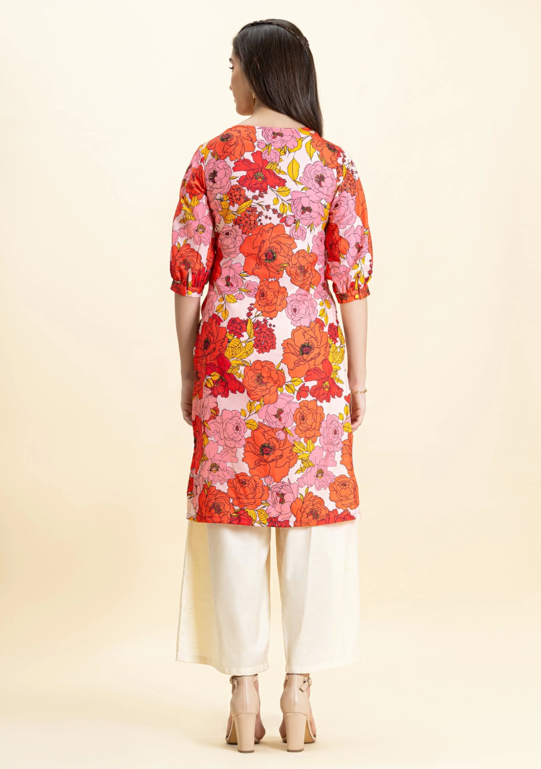 Cream Floral Print Rayon Straight Kurta