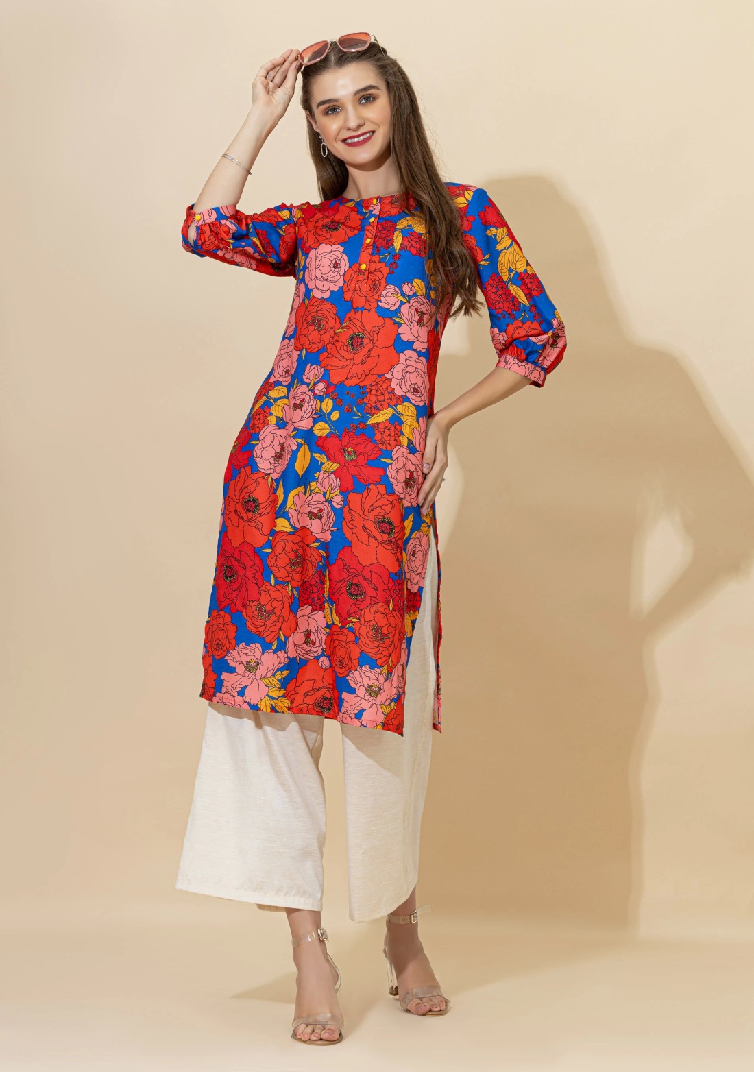 Blue Floral Print Rayon Straight Kurta