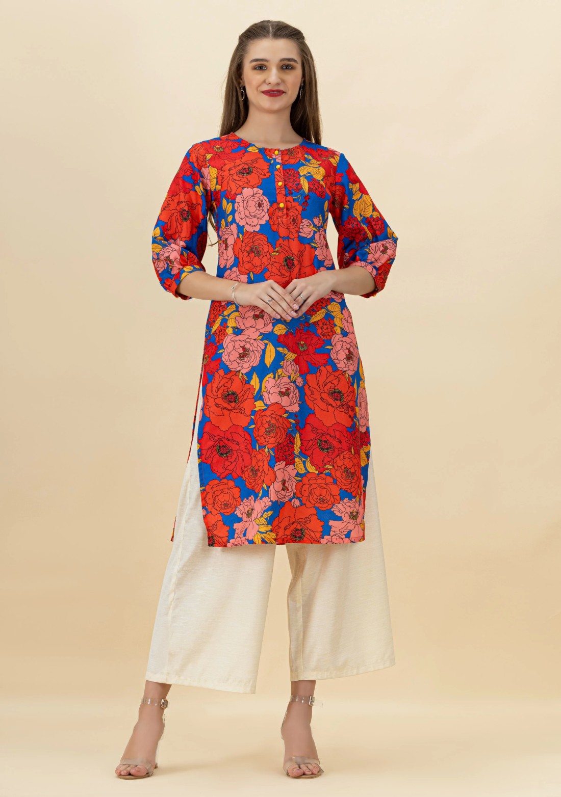 Blue Floral Print Rayon Straight Kurta