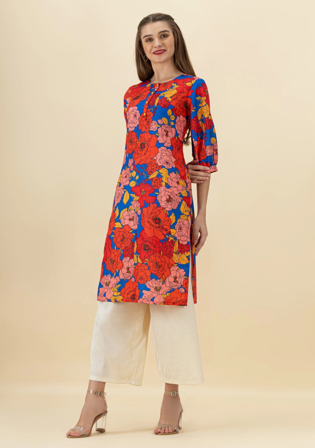 Blue Floral Print Rayon Straight Kurta