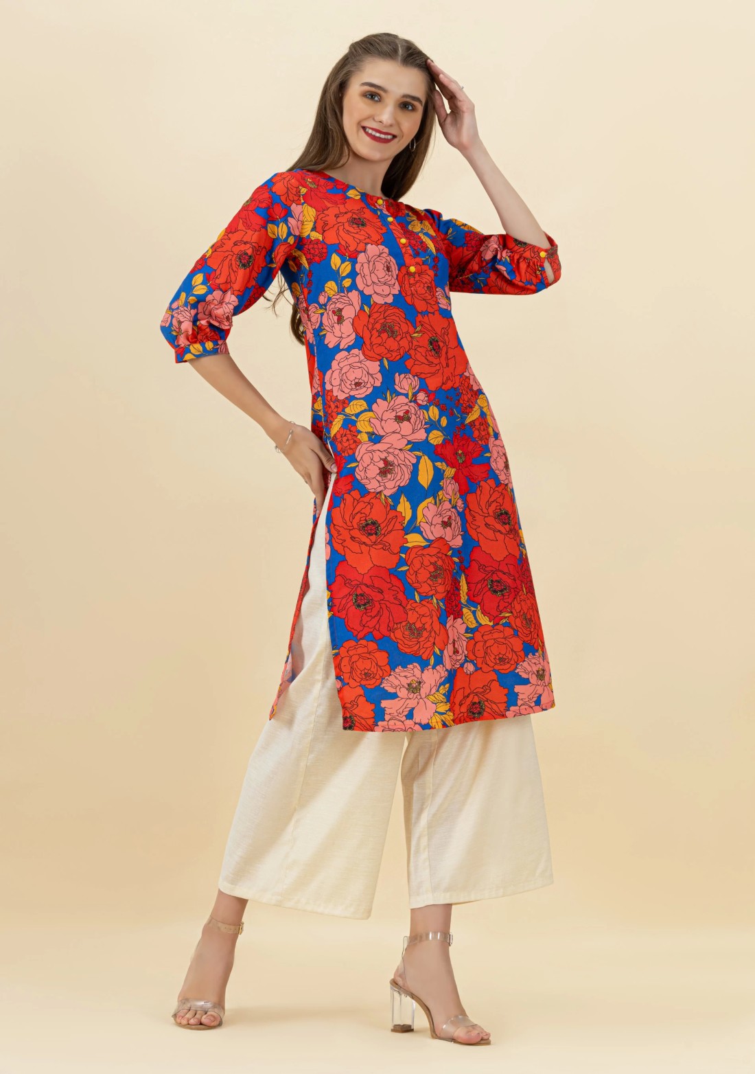 Blue Floral Print Rayon Straight Kurta