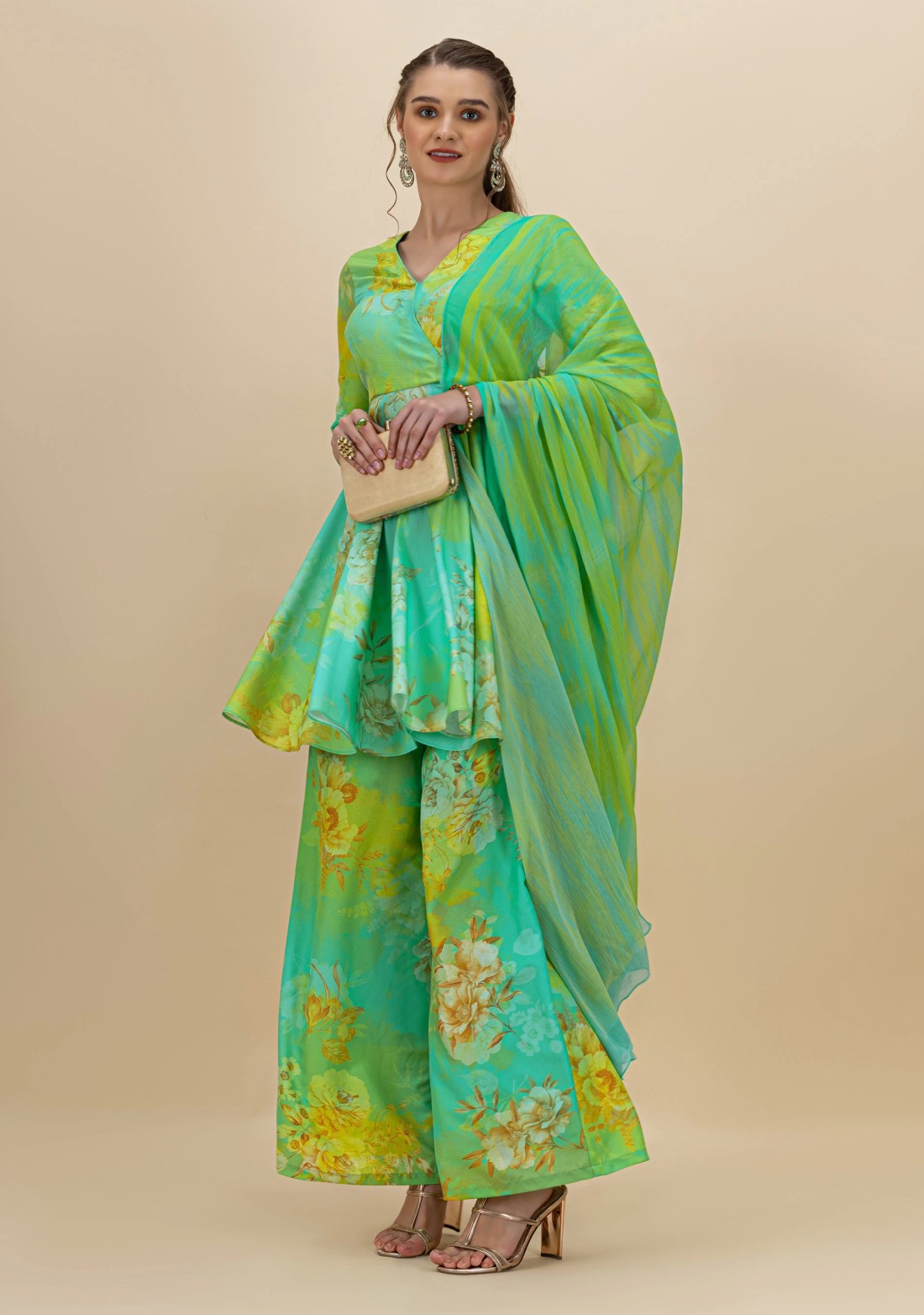 Green and Aqua Floral Print Flared Kurti and Palazzo Pants with Dupatta Set