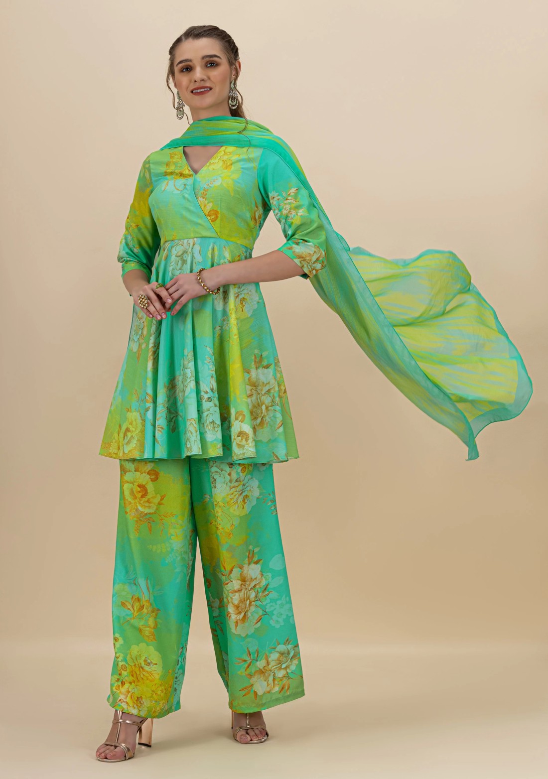 Green and Aqua Floral Print Flared Kurti and Palazzo Pants with Dupatta Set