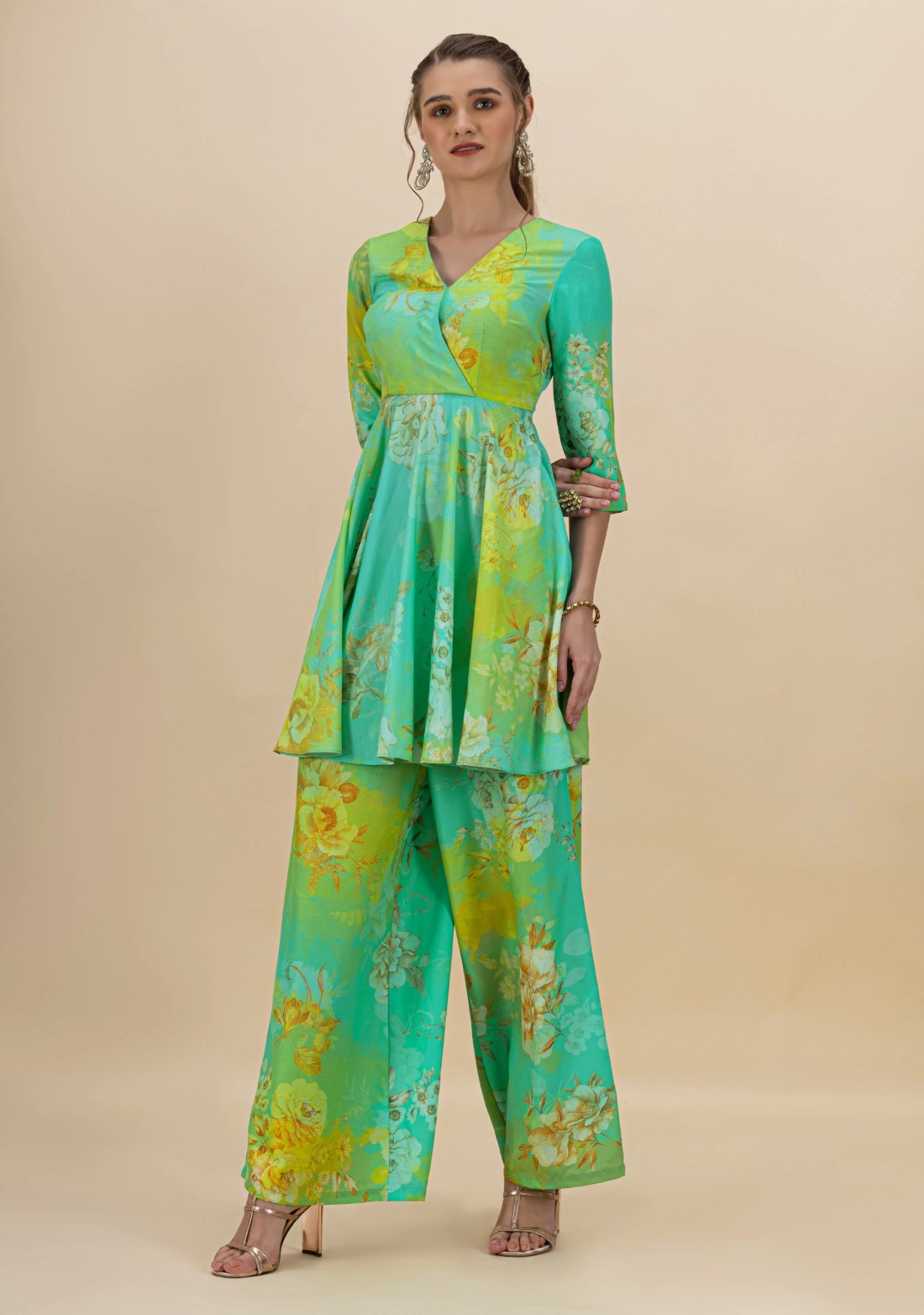 Green and Aqua Floral Print Flared Kurti and Palazzo Pants with Dupatta Set