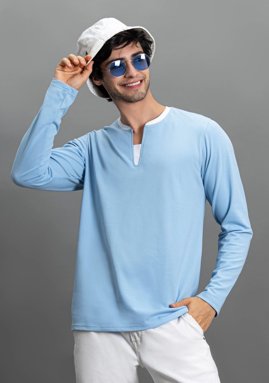 Powder Blue Regular Fit Rhysley Men's Henley Neck T-shirt