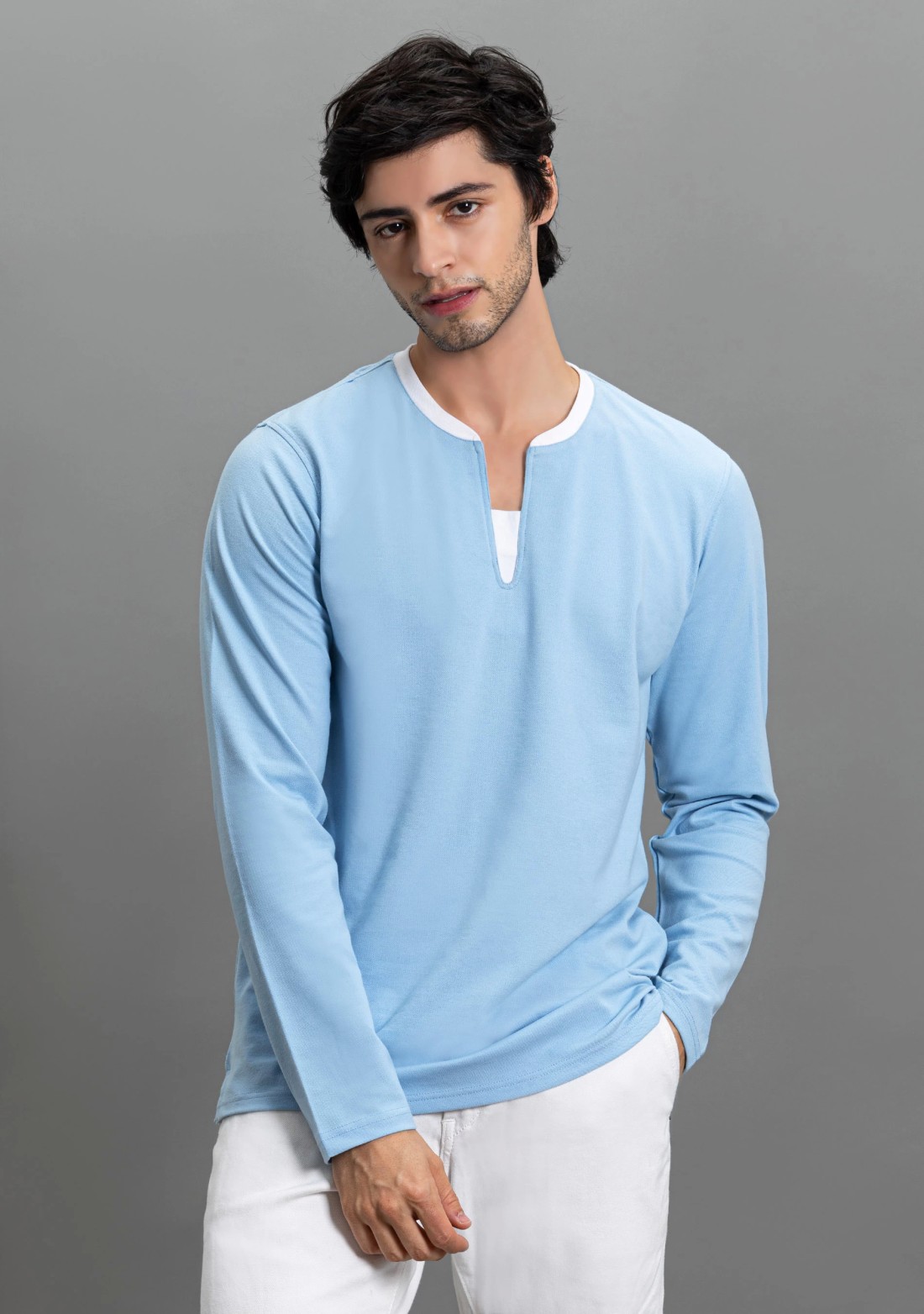 Powder Blue Regular Fit Rhysley Men's Henley Neck T-shirt