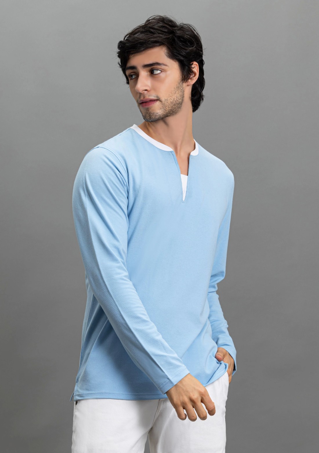 Powder Blue Regular Fit Rhysley Men's Henley Neck T-shirt