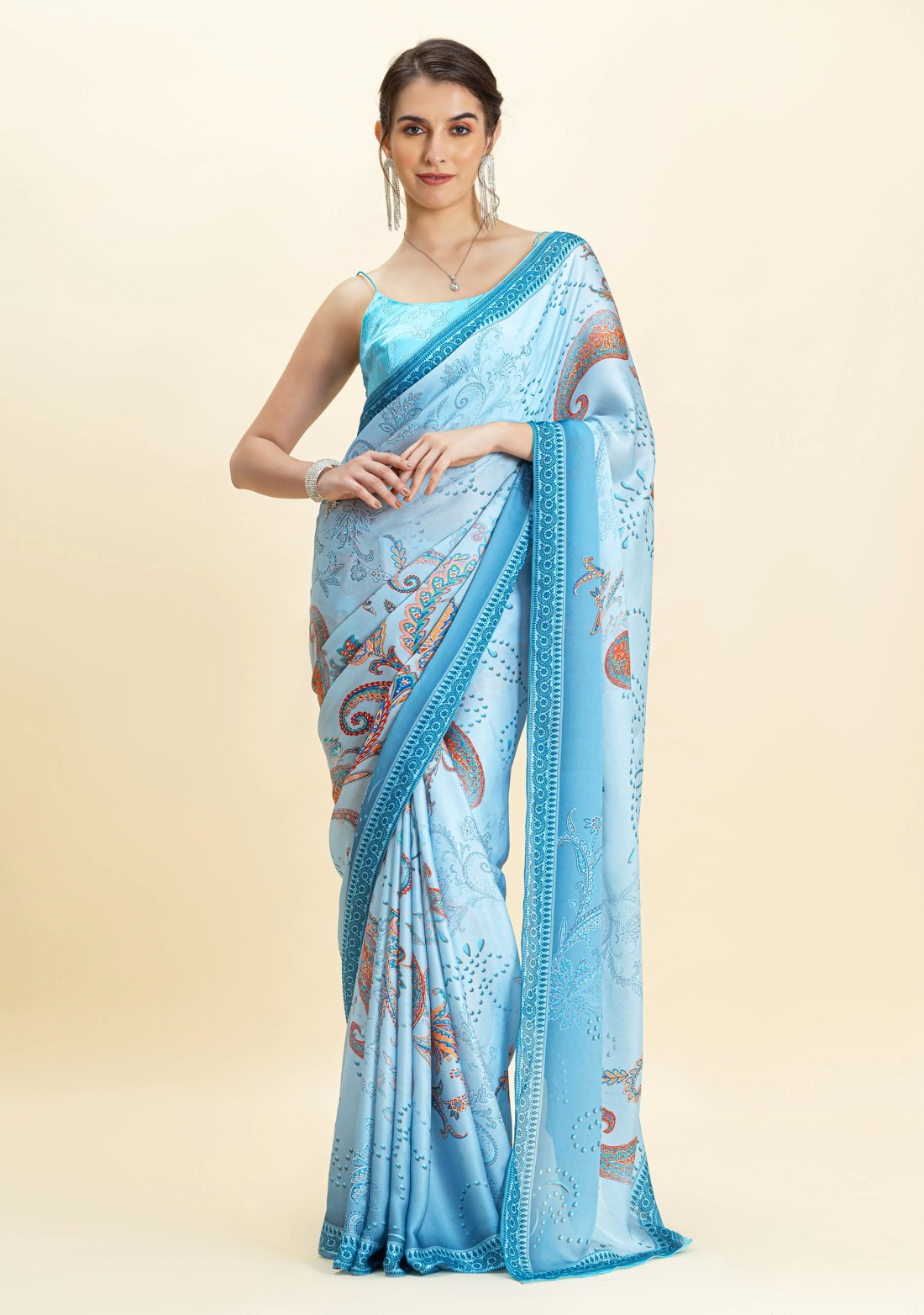 Blue Paisley Print Lightweight Satin Georgette Saree With Unstitched Blouse