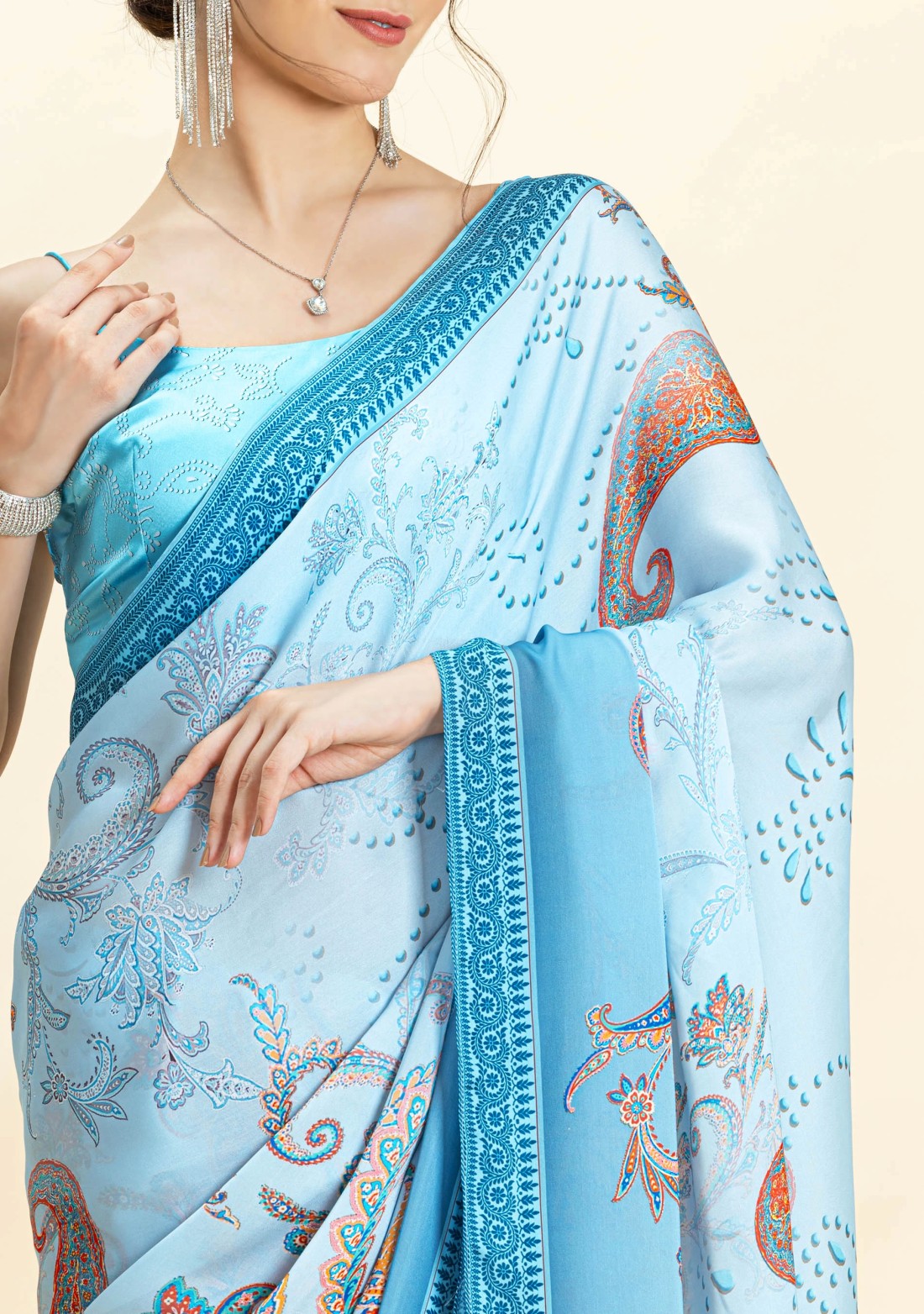 Blue Paisley Print Lightweight Satin Georgette Saree With Unstitched Blouse