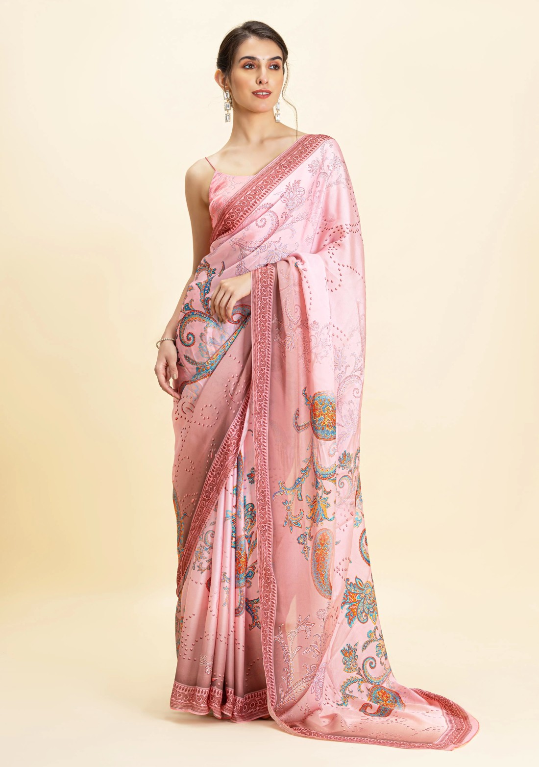 Pink Paisley Print Lightweight Satin Georgette Saree With Unstitched Blouse