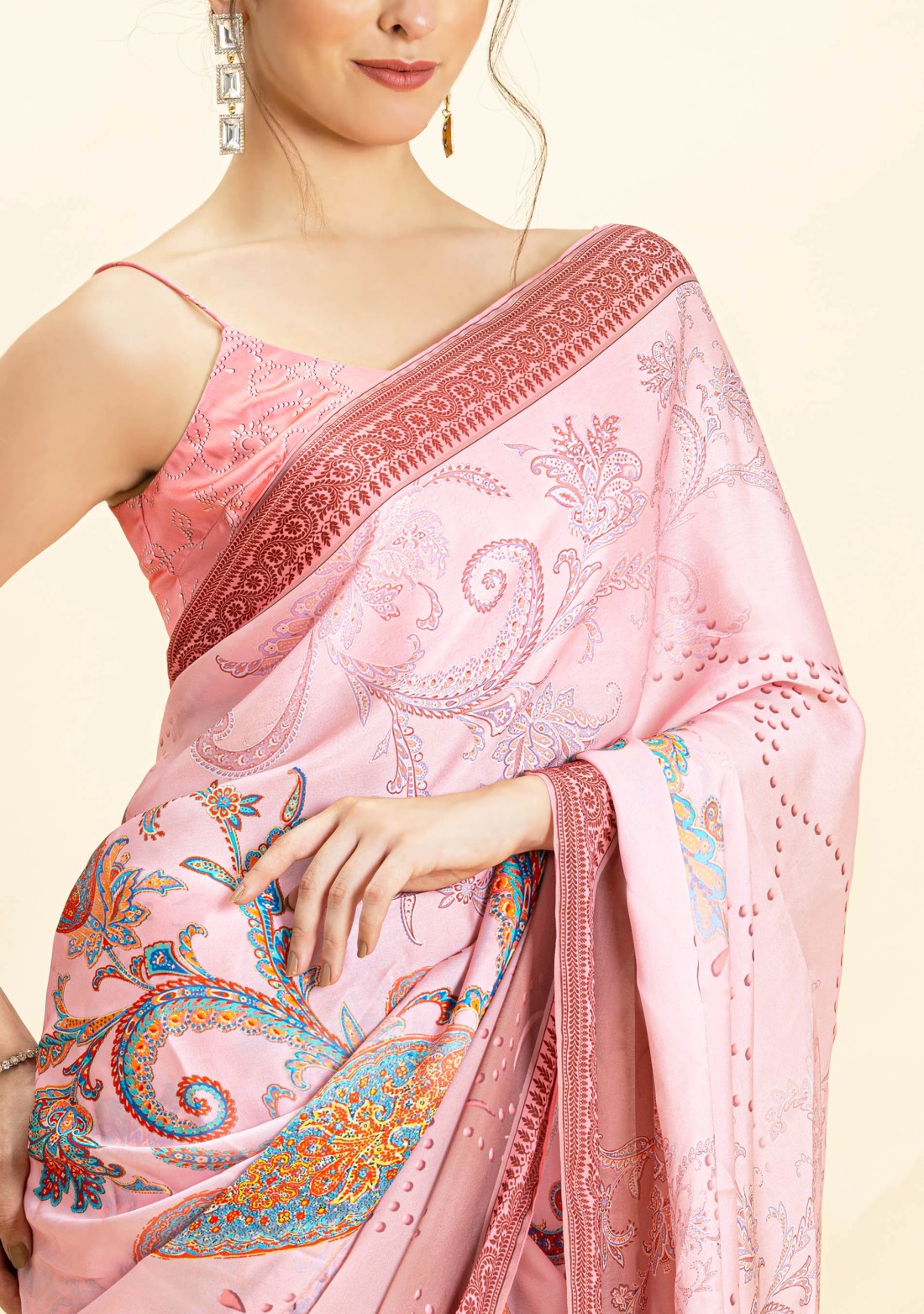 Pink Paisley Print Lightweight Satin Georgette Saree With Unstitched Blouse