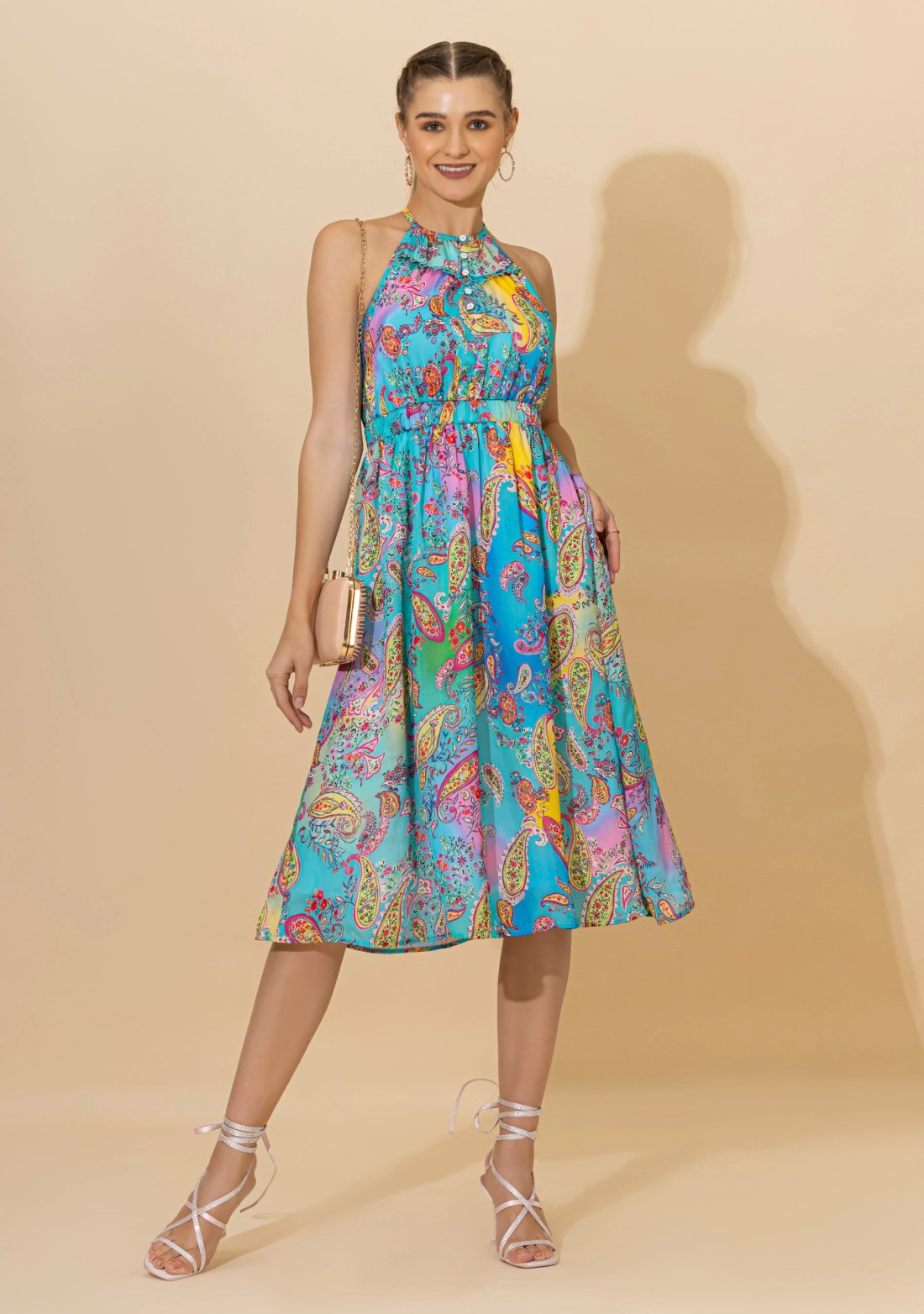 Multi-Colour Paisley Print Halter Neck Flared Midi Dress