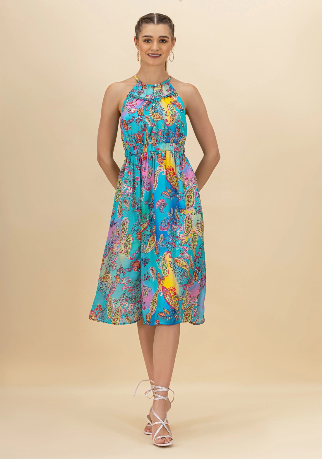 Multi-Colour Paisley Print Halter Neck Flared Midi Dress