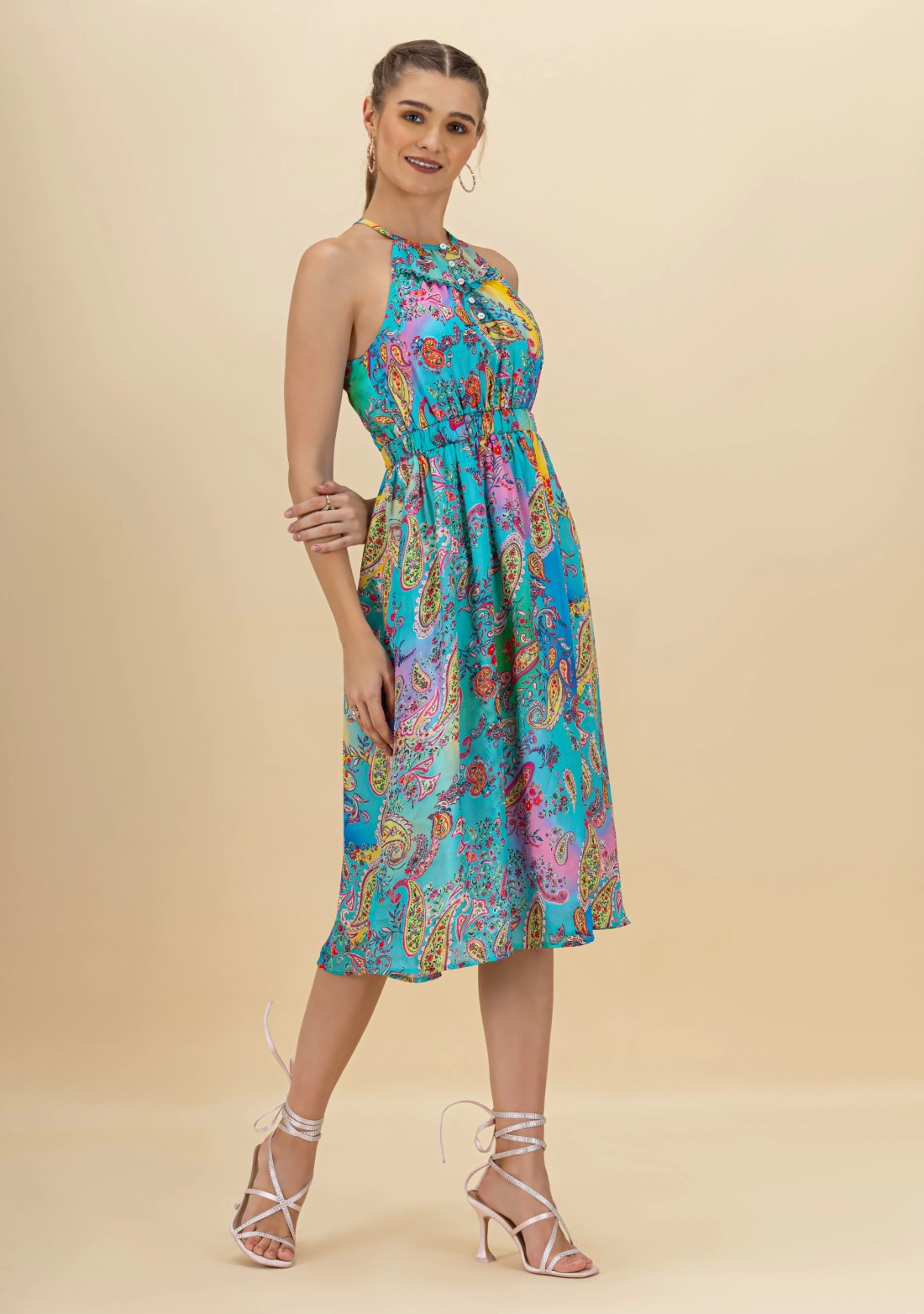 Multi-Colour Paisley Print Halter Neck Flared Midi Dress